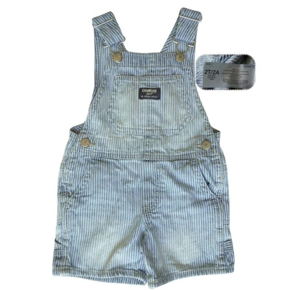 OshKosh Bgosh Striped Short Overalls Blue White Railroad Stripe Shortalls 2T